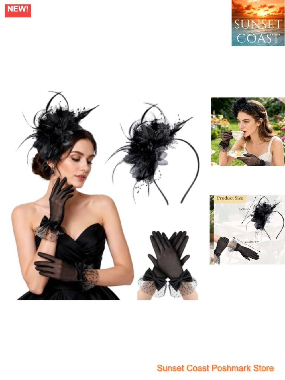 Fascinator Hat & Gloves Set Feather Pearl Veil Headband Wedding Party